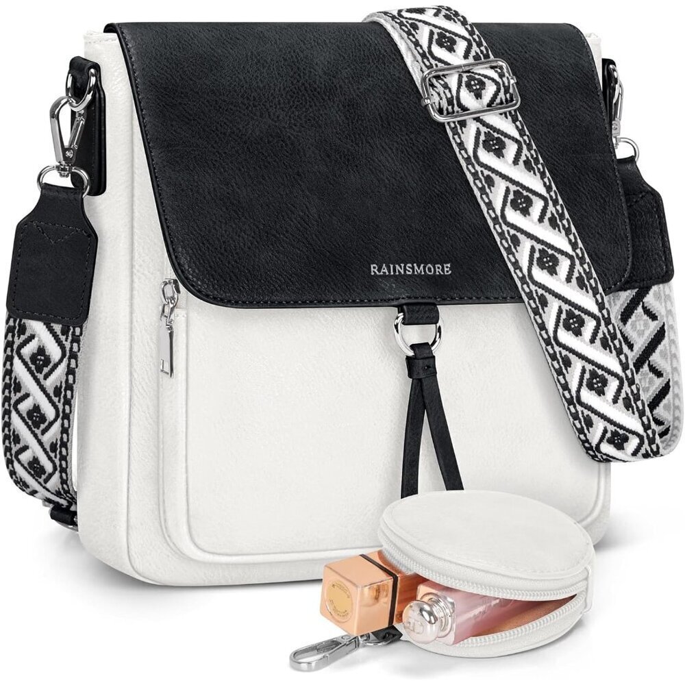 🆕 Women White PU Leather Crossbody Purses Adjustable Wide Strap Shouler Bag
